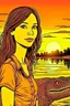 Placeholder: girl, brown hair, brown eyes, sunset, nature in the background with crocodile, handdrawn, river