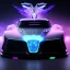 Placeholder: powerful concept future car. smooth front grill. dark color fade theme. large engine protruding from the hood. big spoiler . nebula back round. extra detail with luminous engravings . neon underneath. big city with skyscrapers, light mist, jet engine