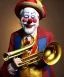 Placeholder: happy old friendly clown with round head and trimmed beard playing jazz with a steampunk theme, trumpet on mouth, carnival, dreamy