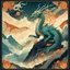 Placeholder: Bordered digital illustration of a ethereal lightning Dragon Emperor upon a mountain by Victo Ngai. Torat card, Hanafuda style. High quality, masterpiece.