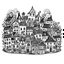 Placeholder: business card with crowded houses doodle, black and white