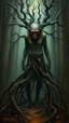 Placeholder: Bosch painting style nightmare, a man with legs looks like tree roots , his head is monkey head , dramatic sad scene, fantasy,