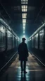 Placeholder: Si Fi, a man standing in a train station atmospheric lighting effects, intricate industrial details, moody atmosphere, eerie grimdark ambiance, complex motherboard accents, speculative fiction art. Bokeh