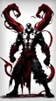 Placeholder: A close picture of Venom symbiote with kratos red tattoos and Clothes, holding blade of choice