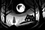 Placeholder: scene, horizontal black and white, forest fog, superbig full moon, moon is a center of image, tim burton character, woman wiht cape and hood, woman stand up on spiral rock, face woman sad, super big eyes, circles eyes, background old house