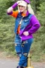 Placeholder: blonde taking selfie.thick thighs,thick calves,flat belly,curvy fell. Mantle is sewed of upcycled Denim and it is sewed together of camouflage pieces, whose color are all denim colors, orange, cream and purple. Big colored headphones (gold rings!) is merged with small felt cap with small visor. It is with big bright purple felt tippet and birght-colored-hood is merged with colorful beanie. Style: Haute Couture, 1980's Finland, N.Y.C fashion in 2023