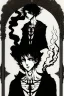 Placeholder: 17 year old boy, necromancer, friendly, looks dead, surrounded by weird smoke with eyes, wearing black robes, in the style of Harry Clarke