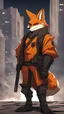 Placeholder: A human being in the form of a fox, not a human being, a short nose, Features of a male fox, serious features, character specifications are enthusiastic, emotional and somewhat selfish, high quality, the character is a fighter, war, the background is a developed but destroyed city, Cinematic shot, scary shape, multiple colors, high contrast, professional anime drawing , Professional anime style ، 4K .