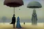 Placeholder: two people seen from behind walking side by side in an empty foggy plain, above there is blue sky by artist "Leonora Carrington",by artist "Christian Schloe",by artist "Kay Sage"