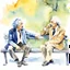 Placeholder: Watercolor painting of Salvador Dali and Albert Einstein sitting on a park bench and talking.