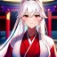 Placeholder: Clear focus, 8k, girl, high quality, detailed, white long ponytail hair, red eyes, beautiful lighting, vibrant colors, miko