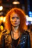 Placeholder: Young woman, curly hair, redhead, green eyes, freckles on face, looking confident, wearing a black belted perfecto leather jacket with leather epaulettes, wearing black leather trousers, wearing black choker, portrait at night, in a crowded metropolis