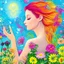 Placeholder: bright fairy, beautiful portrait, flowery landscape, cosmic atmosphere, perfect composition, 8k, super detailed, delicate flowers, complementary colours, intricate details