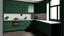 Placeholder: kitchen with dark green furniture, on the left side by the window from the bottom up, a microwave and an oven installed in the furniture, and on the right side and next to it an induction hob and a cooker hood above it, on the right side there is a sink and a dishwasher underneath it