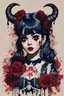 Placeholder: Poster in two gradually, a one side malevolent goth vampire girl face and other side the Singer Melanie Martinez face, full body, painting by Yoji Shinkawa, darkblue and sepia tones, wears a smart shirt which is embroidered with red flowers and ornaments, has dark eyes and horns,