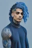 Placeholder: longish blue wavy hair, brown skin, grey eyes, tattoos, black turtle neck clothing