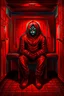 Placeholder: A scary gothic person sits quietly in the middle of a soundproof, padded room conveying intense dramatic emotions in a muted environment, wearing a bright red straitjacket , a mask to cover the mouth area of cannibal evil scary, dark and gothic look, cold eyes, eary ultra detailed,.32k, digital art style with messy paint, hardened sealer appearance, impasto, dramatic Arial view with explosive chaotic background