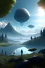 Placeholder: serene landscape with humanoid and spacecraft