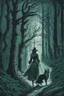 Placeholder: in the style of a Henry Justice Ford drawing, a beautiful witch walks through a dark forest, a dog is coming towards her