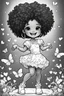 Placeholder: create a coloring page of a chibi girl with a curly afro ponytails dancing around hearts and butterflies. she smiles while shes playing with her puppy, black and white