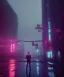 Placeholder: 3D, beautiful, light reflecting, empty city at midnight, rainy night, neon, cyberpunk, person with helmet walking