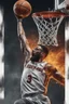 Placeholder: 8k, highly realistic and detailed image of a NBA basketball player in action dunking the ball in the net, sweaty hair, screaming look,action and smoke and flames background