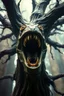 Placeholder: Very realistic hyper-detailed atmospheric atmospheric professional photograph of a vertically looking into the camera, tree-carnivorous with big mouth and big teeth plant open mouth wide with scary big eyes looking aarshot by Steven Meisel. The atmosphere is surreal and fantastical, reminiscent of Hieronymus Bosch's style, with a touch of grim academicism. Sharp focus, intricate detail, high contrast and the texture of 60mm film shot in the style of a Hasselblad camera.