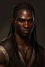 Placeholder: a man in his fourties, dark brown skin, slanted eyes, strong round face, scarred cheek, long braided black hair, dark brown vest, realistic epic fantasy style