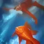 Placeholder:  2 Orange fish and White cat friendly Celebrating christmas under the water