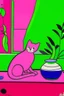 Placeholder: henri matisse. Cat, coffee. Colors: pink, purple, greens