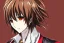 Placeholder: Detailed pretty anime boy, brown hair with blonde strips, keep head in frame, headshot, glaring, brown eyes, covered in bandages, looking serious, illustration, digital painting, only one character, color scheme red, wearing many bandages, Osamu Dazai inspired, anime inspired, manga, dazai, red hair, Chuuya, pretty, scruffy, angry, brooding, manga inspired, small nose, long lower eyelashes, handsome, widows peak, headshot, glaring, cute, wearing a bandage on neck, small nose, scruffy hair