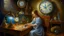 Placeholder: A surrealistic oil painting depicting a sleepwalking watchmaker angel crafting timepieces in her dreams