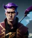 Placeholder: A strong kind young male character with a massive spear weapon with purple hair, full body by Greg Rutkowski, Sung Choi, Mitchell Mohrhauser, Maciej Kuciara, Johnson Ting, Maxim Verehin, Peter Konig, 8k photorealistic, cinematic lighting, HD, high details, dramatic, atmosphereric, trending on artstation