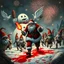 Placeholder: there is no kebabs at christmas, evil Santa, evil naked gnomes running around, staring flaming eyes, evil naked Rudolf, very big evil melting angry Frosty the snowman in background, 1940 christmas postcard, blood stains, Flying angels, fireworks, Tim burton style