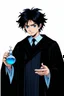 Placeholder: black hair, blue eyes,19year old, male, wearing black robes, alchemist, holding a flask full of blue liquid, in the style of Charles Addams