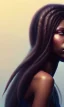 Placeholder: black girl, cute, beautiful, long hair, head and shoulders portrait by Greg Rutkowski