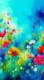 Placeholder: a smear . Field of wild a colorful flowers watercolor drawing on a blue splash colors background