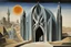 Placeholder: a surreal gothic_arab glass gate with a view of an old English city by artist "Zaha Hadid",by artist "Leonora Carrington"