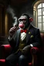 Placeholder: A portrait of a thoughtful chimp in gentleman 's style smoking a pipe like Sherlock Holmes against the backdrop of an aristocratic Victorian hall .