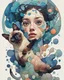 Placeholder: Abstract biomorphic mixed-media painting of woman with Siamese ca, caught in a dynamic off-balance pose inside [SCENERY]. Build the figures from irregular floating shape-cells, softly warped anatomy, oversized curious eyes, rounded mask-like faces, playful distorted proportions, and interlocking organic fragments that feel hand-cut and reassembled. Use pastels with translucent alcohol-ink blooms, watery pigment stains, dry watercolor edges, milky gradients, saturat