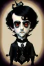 Placeholder: black haired black eyed young man necromancer steampunk goth Gnome that looks like a young Edgar Allan Poe with gothic jewelry in the style of Charles Addams