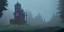 Placeholder: Ruined abandoned overgrown small castle tower in a dense coniferous forest, night, misty, atmospheric, fireflies