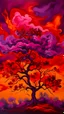 Placeholder: Painterly. Abstract. A yellow purple in red silk raiments. Anomalous red cloud issuing forth from the heart. Simple yet majestic, a trees in black