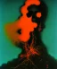 Placeholder: broken skull. black background. smoke and explode. particles in air. teal and orange. abstract. beksinski.