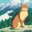 Placeholder: one old sleepy ginger cat , winter swiss mountain background