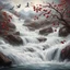 Placeholder: Rustic cherry branch floating down narrow rushing river, violent rapids, white peaks, birds flying. Highly detailed, fantasy, beautiful,hyperrelastic,