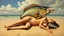 Placeholder: A surrealist painting depicts a hybrid creature with the lower body of a woman and the upper body of a fish, lying on a sandy beach.