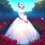 Placeholder: gorgeous anime girl wearing a yellow and white dress ,standing in a meadow of flowers, spreading rose pedals on the ground. beautiful eyes and a stunning smile, blue eyes, two blue eyes, perfect nose and rosy cheeks and red lips