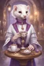 Placeholder: (anthropomorphic white ferret girl),dressed in cleric white and purple clothes with ornaments, realistic anatomy, fantasy tavern on background, mage and holy symbols around, serious face, hold cup of coffe, tired