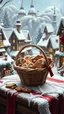 Placeholder: basket of Christmas cookies on table in snow dusted fairytale Christmas town, 8k, high quality, trending art, trending on artstation, sharp focus, studio photo, intricate details, highly detailed, by tim burton